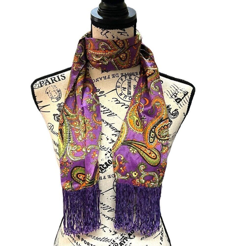 Bright Paisley Boho Chic Purple Floral Women’s Scarf 66” X 12” Long Tassel Wrap
